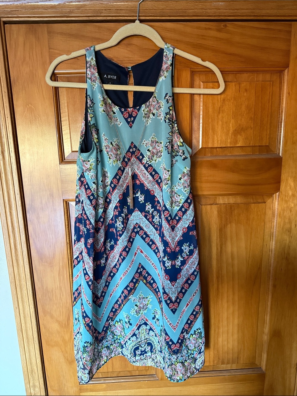 A. Byer Teal and Navy Floral Chevron Tank Dress